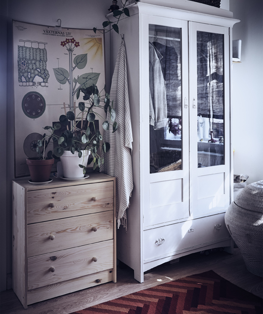 Шкаф и гардероб в коридор с расетния и картини на стената.