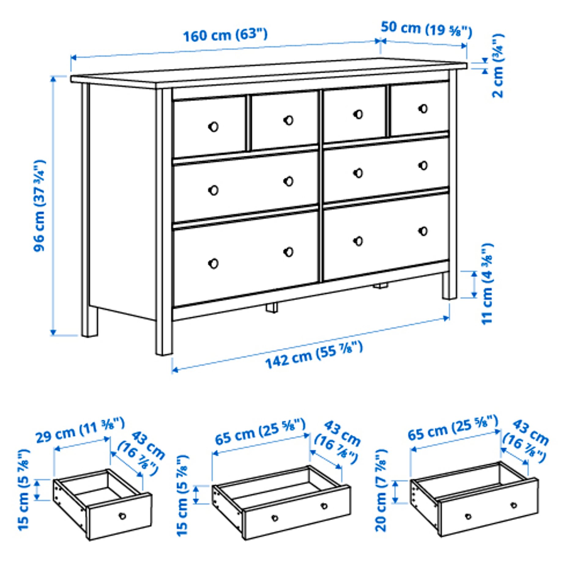 HEMNES, скрин с 8 чекмеджета, 160x95 см, бяло обагряне, 102.392.80