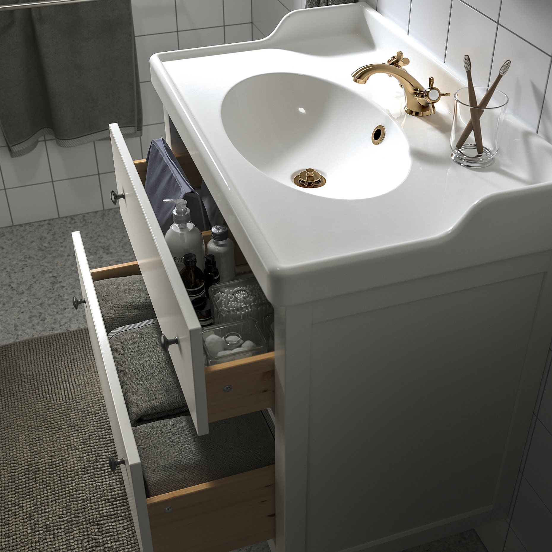 HEMNES/RUTSJON, шкаф за мивка + чекмеджета/мивка/смесител, 195.468.40