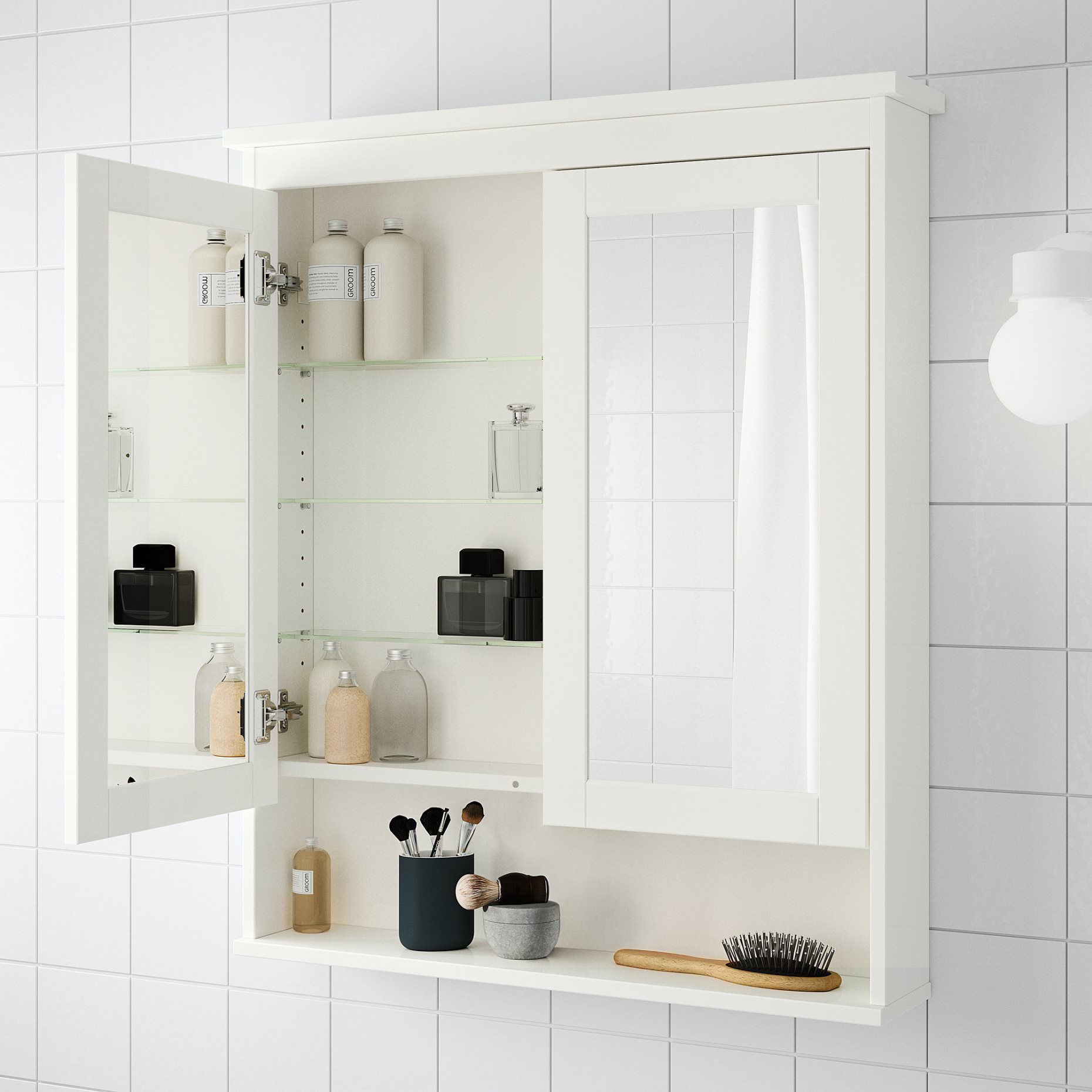 HEMNES, огледален шкаф с 2 врати 83x16x98см, бяло, 402.176.77