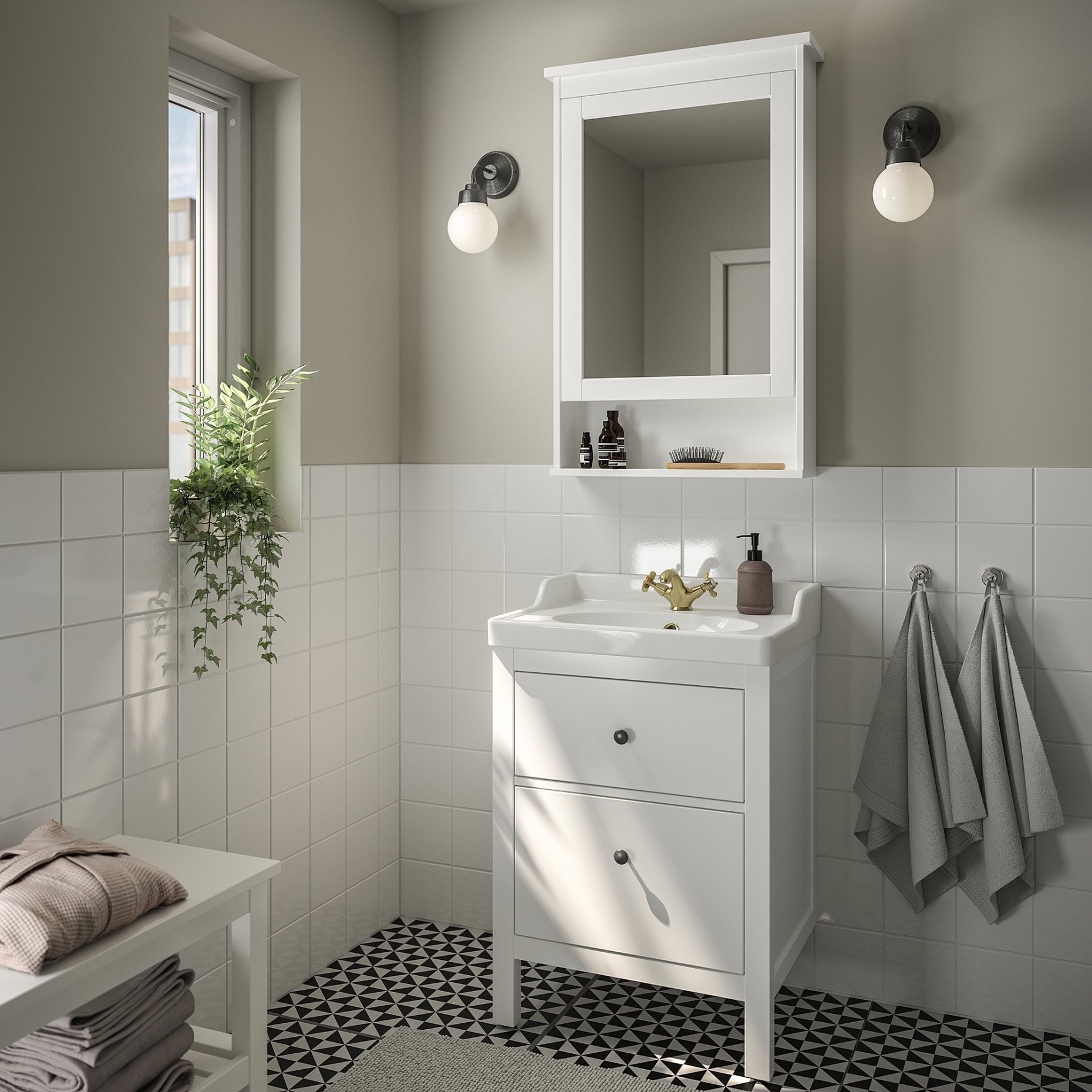 HEMNES/RUTSJON, шкаф за мивка + чекмеджета/мивка/смесител, 695.599.91