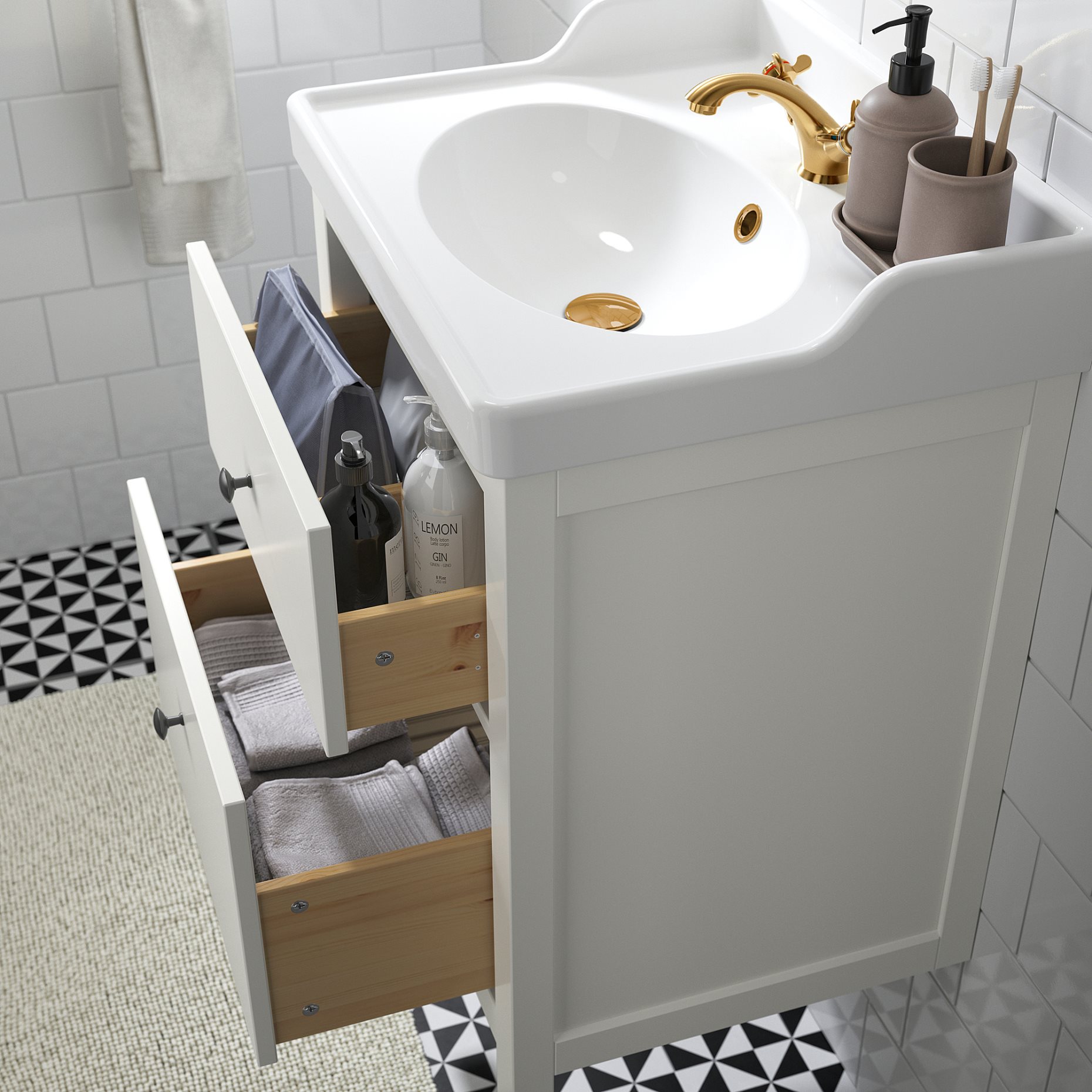 HEMNES/RUTSJON, шкаф за мивка + чекмеджета/мивка/смесител, 695.599.91