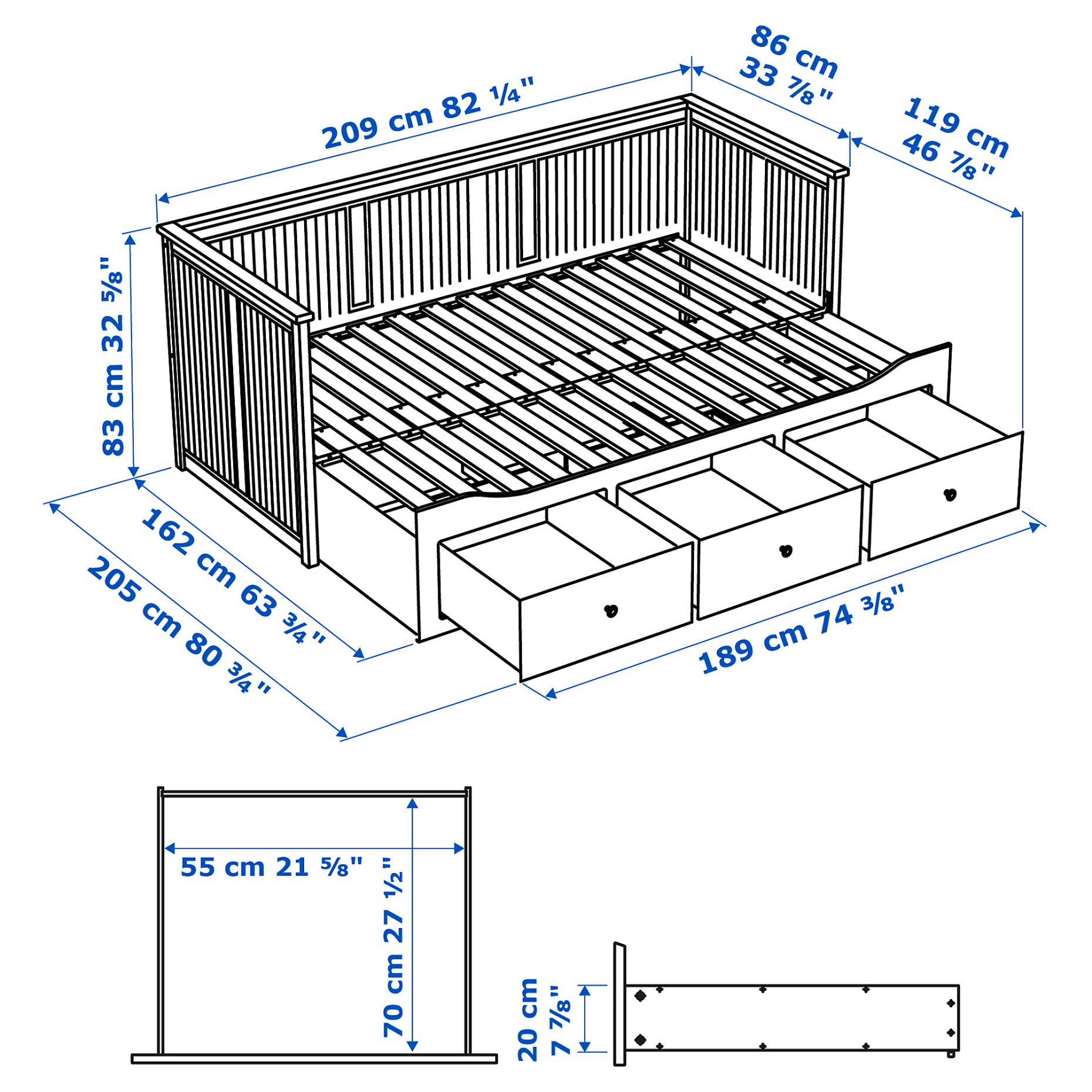 HEMNES, кушетка с 3 чекмеджета/2 матрака, 093.909.62