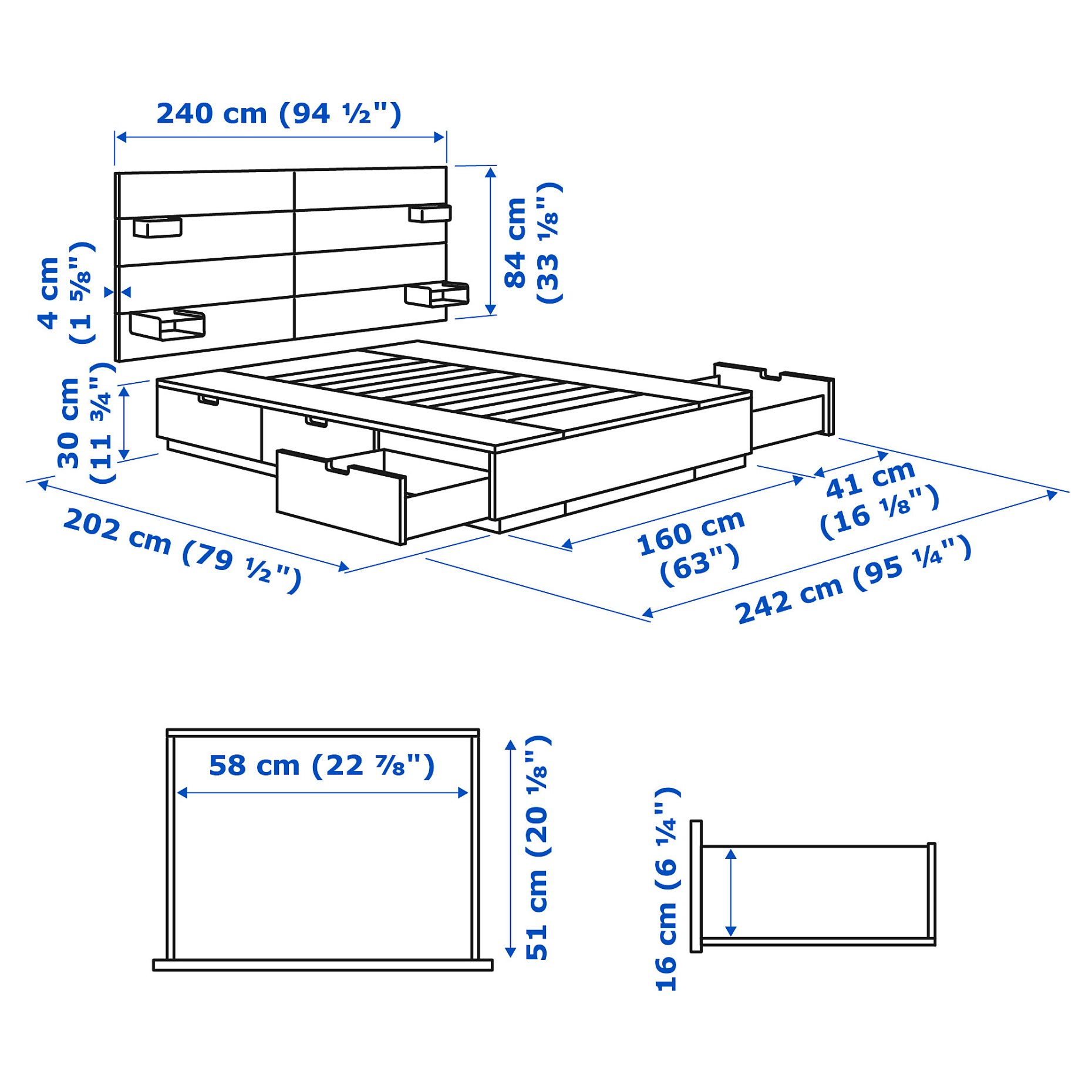 NORDLI, рамка за легло с място за съхр. и матр., с горна табла за легло, 095.396.23