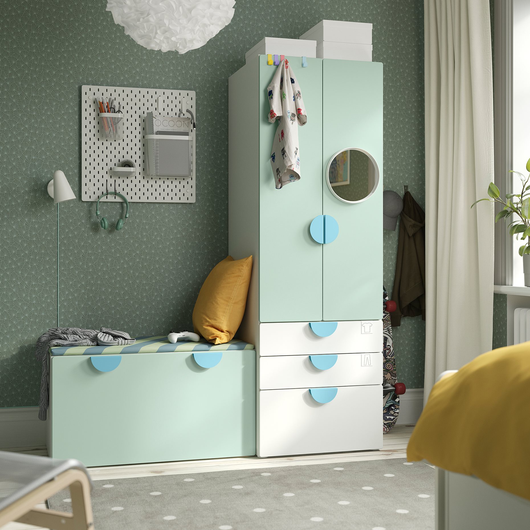 SMASTAD/PLATSA, комб. артикули за съхранение, с пейка, 495.441.80