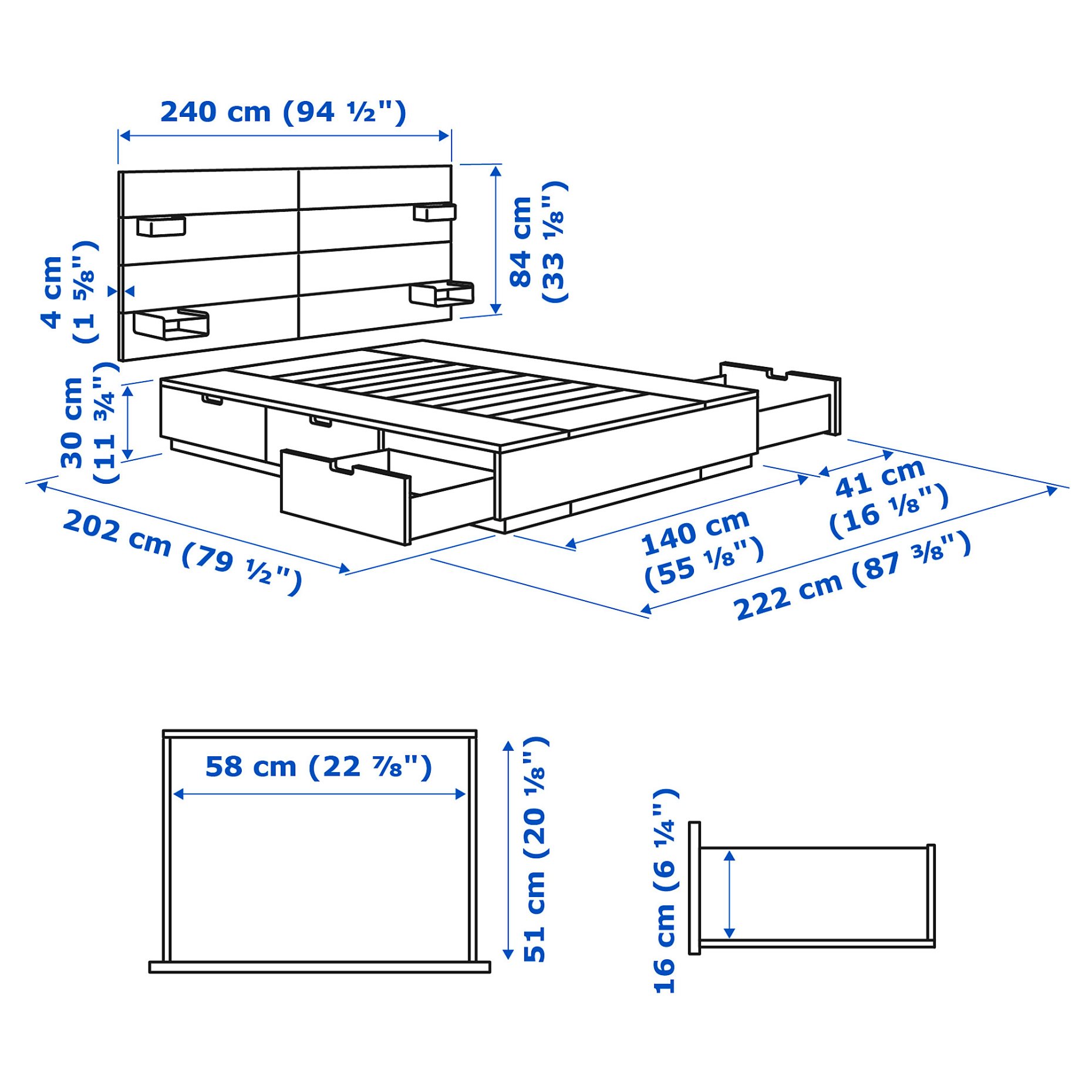 NORDLI, рамка за легло с място за съхр. и матр., с горна табла за легло, 595.396.11