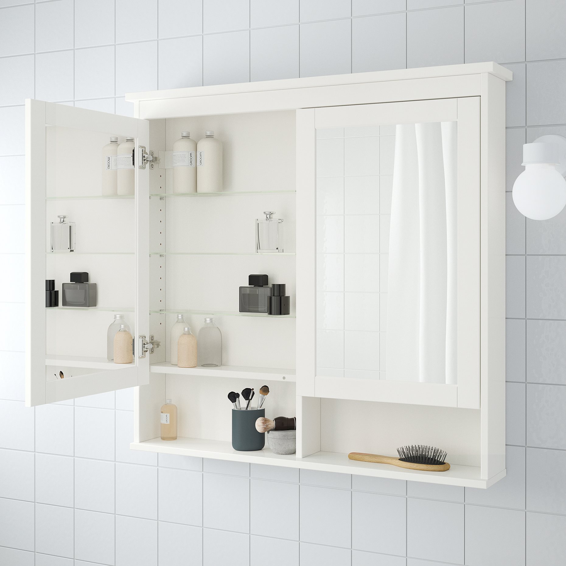 HEMNES, огледален шкаф с 2 врати 103x16x98см, бяло, 802.176.75