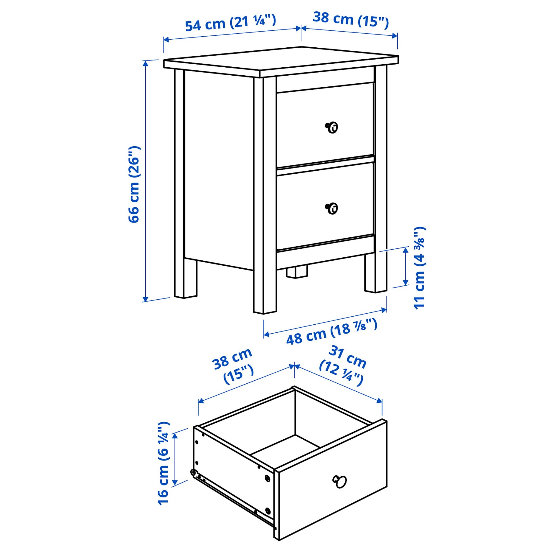 HEMNES, скрин с 2 чекмеджета, 54x66 см, бяло обагряне, 802.426.27