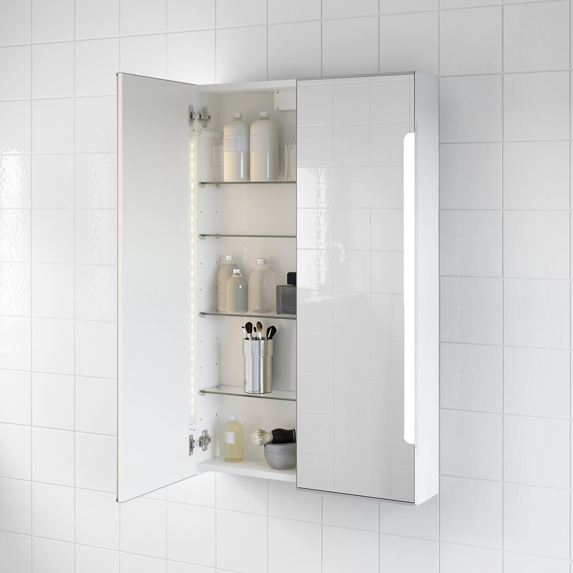 STORJORM, огледален шкаф с 2 врати/вградено осветление, 60x14x96 см, бяло, 402.481.22