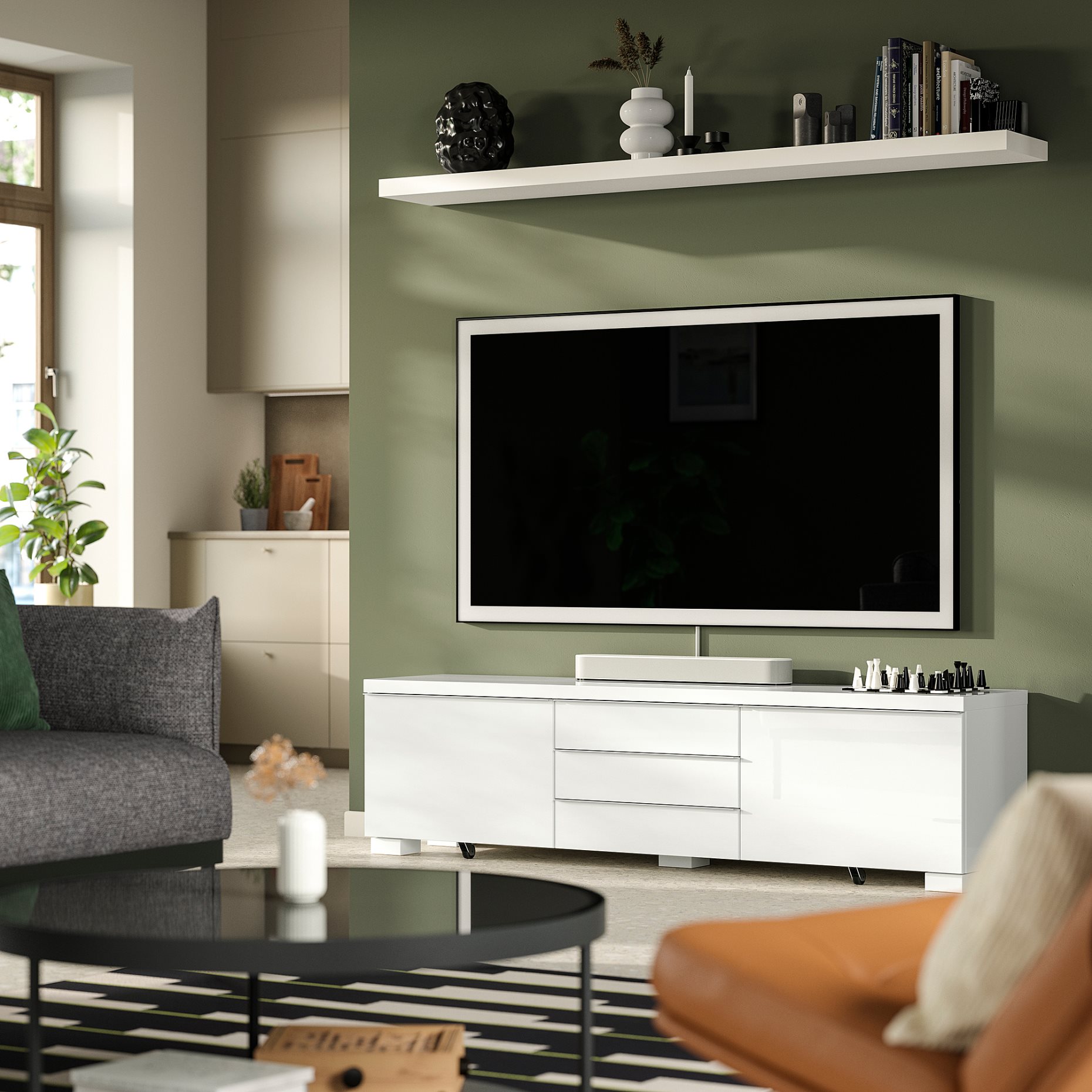 BESTA BURS, TV шкаф, 180x41 см, гланц бяло, 302.691.29
