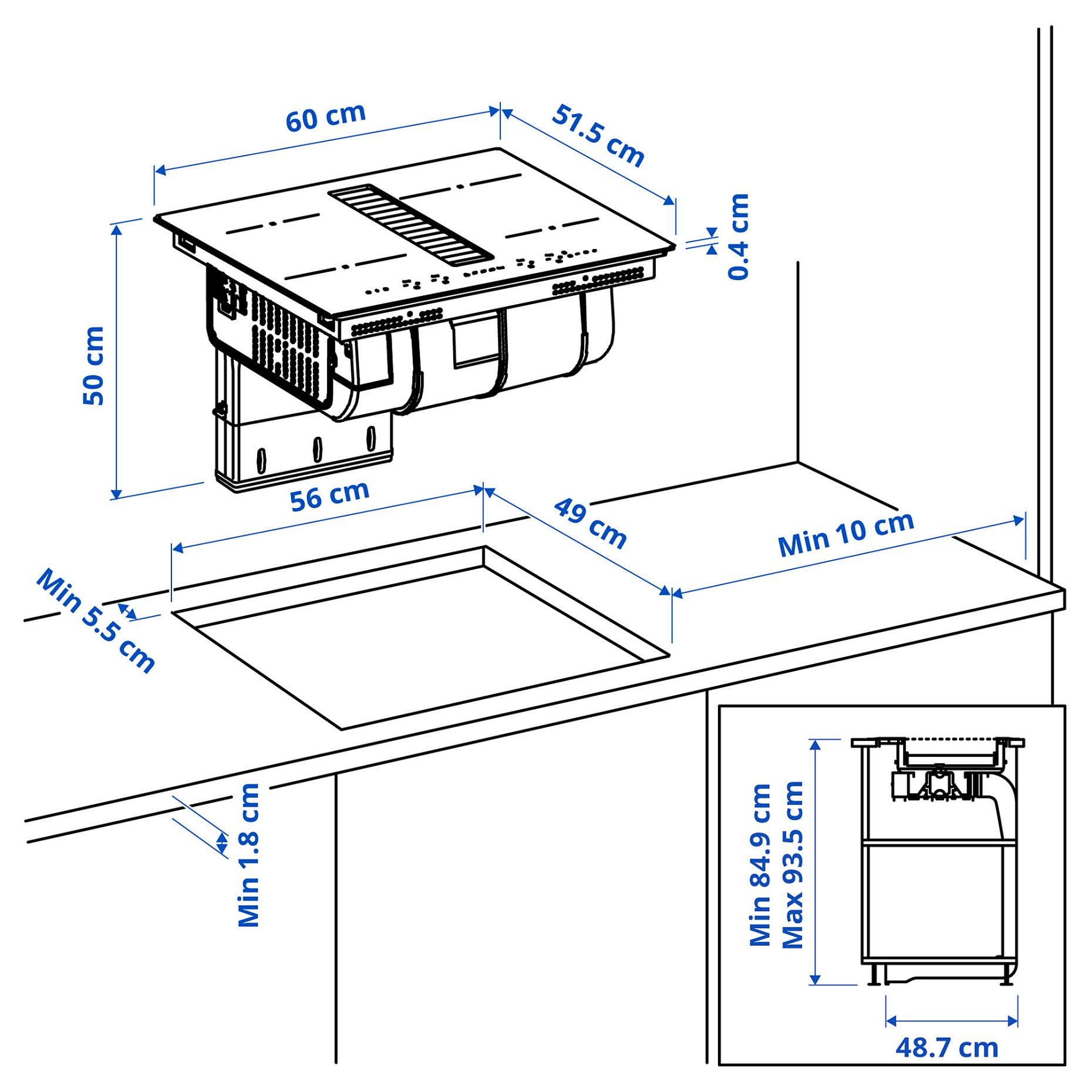 TÄCKNAN, Индукционен плот/вграден аспиратор + к-т за вентилация, 60 cм, IKEA 300, 096.124.68