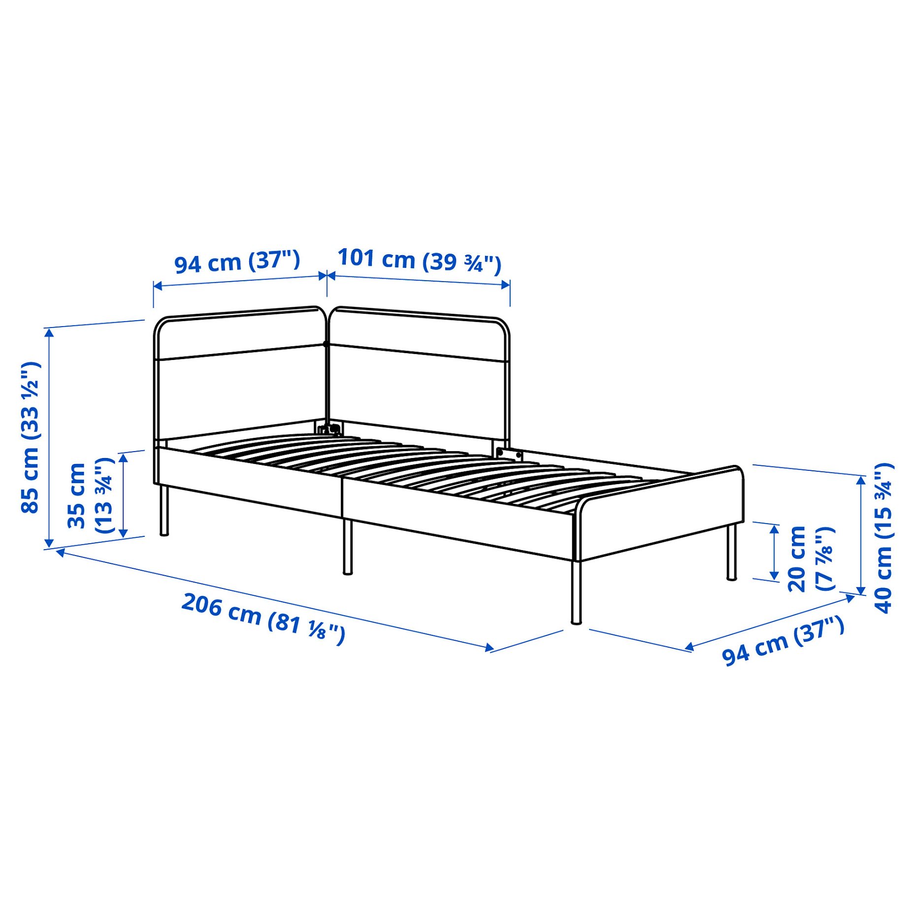 BLÅKULLEN, тапиц. рамка за легло с ъгл. табла, 90x200 см, 105.057.16