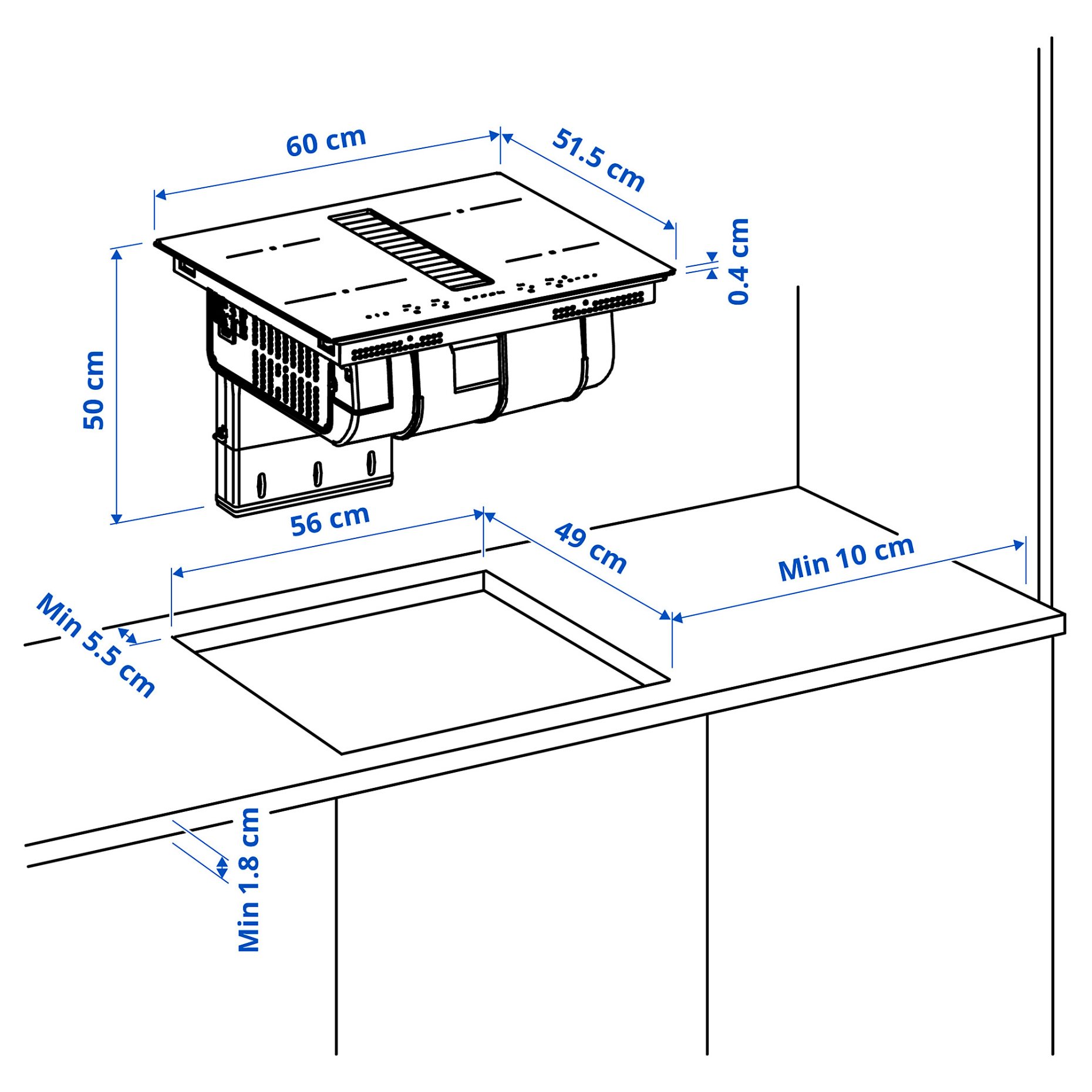 TÄCKNAN, индукц. котлон/вграден аспиратор, 60 см, IKEA 300, 105.986.35