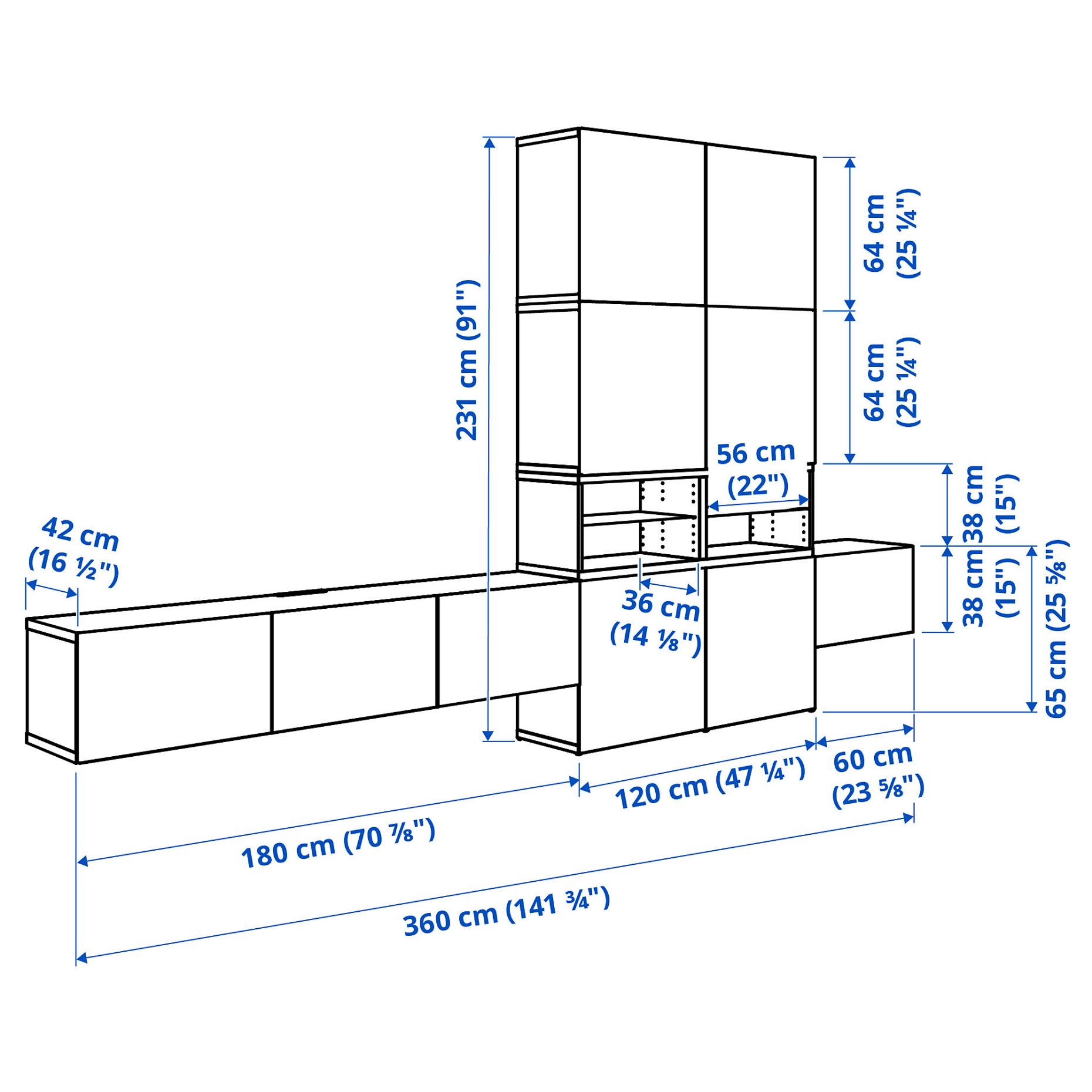 BESTÅ, комбинация за съхранение, аудио/видео, 360x42x231 см, 296.120.90