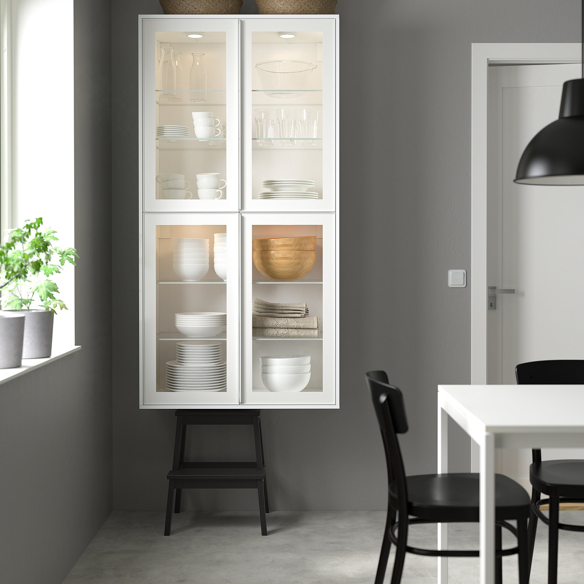 METOD, стенен шкаф с рафтове/2 стъкл. врати, 494.905.54