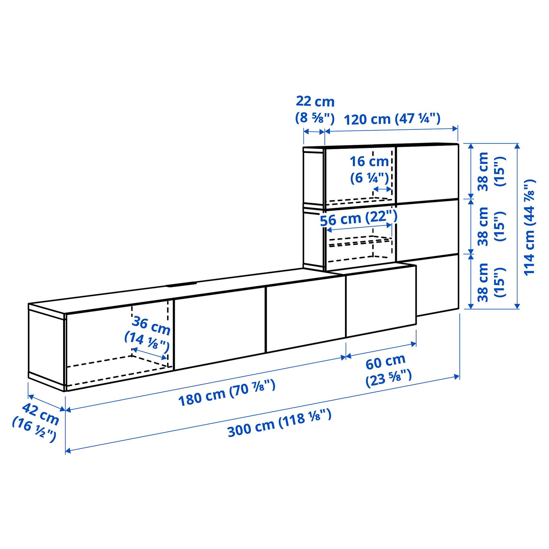 BESTÅ, комбинация за съхранение, аудио/видео, 300x42x114 см, 496.120.89