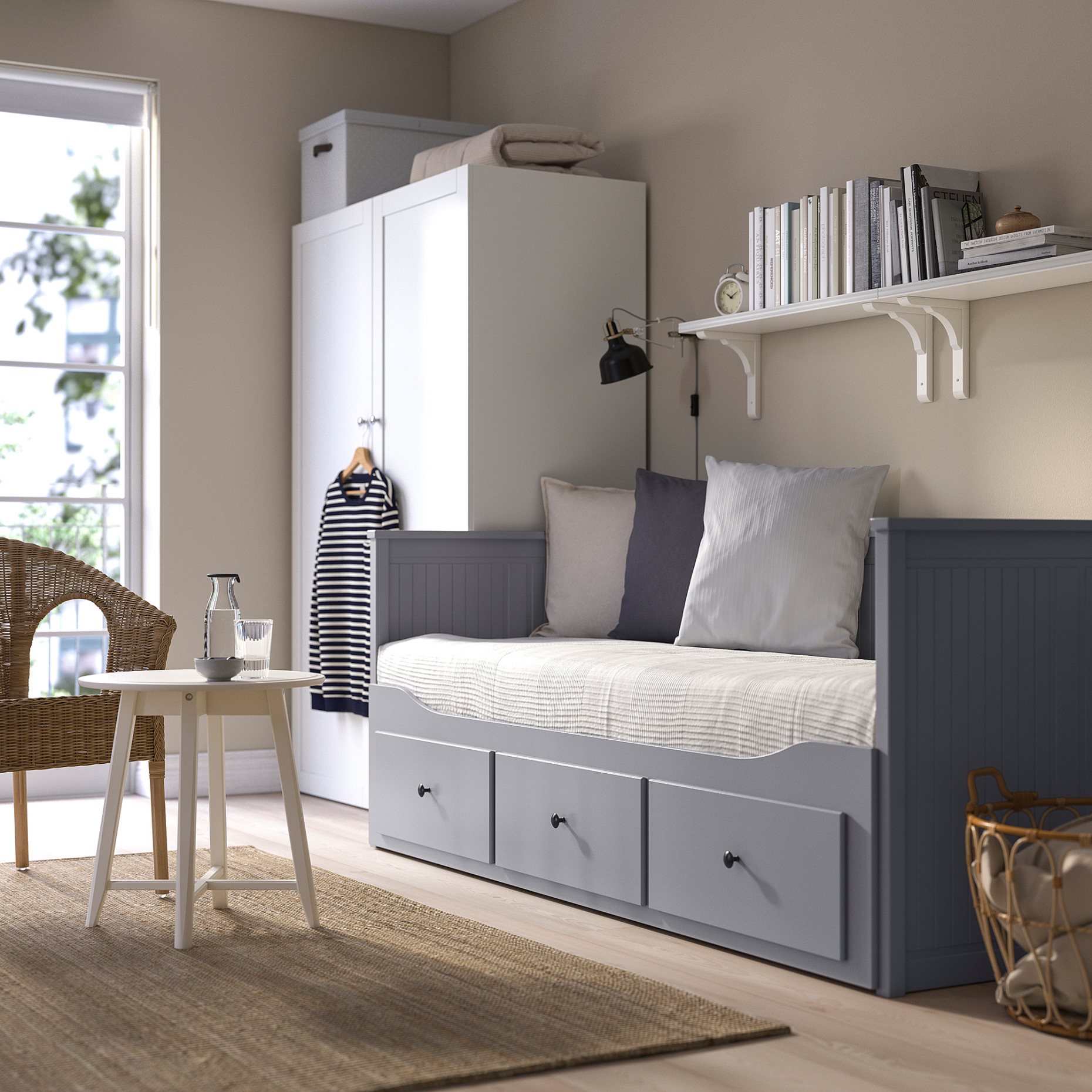 HEMNES, кушетка с 3 чекмеджета/2 матрака VANNAREID, много твърд, 893.909.63