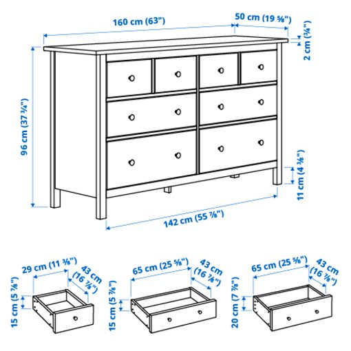 HEMNES, скрин с 8 чекмеджета, 160x95 см, бяло обагряне, 102.392.80