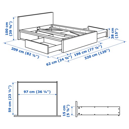 MALM, високо легло+4 кутии за съхранение, 196x209 см, 590.024.41 - IKEA България MALM, високо легло+4 кутии за съхранение, 196x209 см, 590.024.41