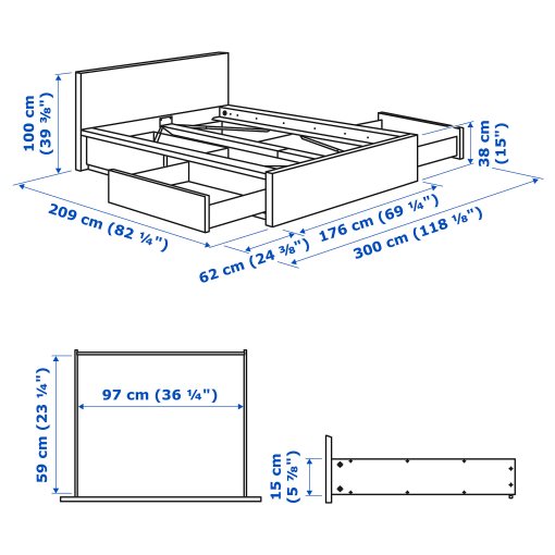 MALM, високо легло+4 кутии за съхранение, 176x209 см, 999.316.11