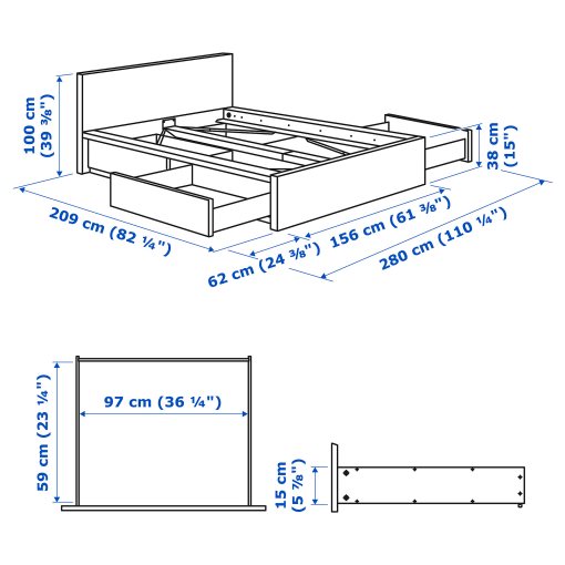 MALM, високо легло+4 кутии за съхранение, 295.599.88