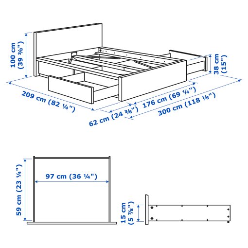 MALM, високо легло+4 кутии за съхранение, 495.599.49