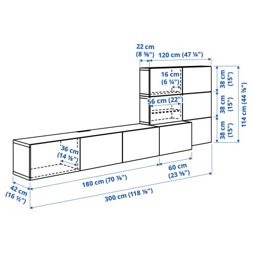 BESTÅ, комбинация за съхранение, аудио/видео, 300x42x114 см, 696.120.93