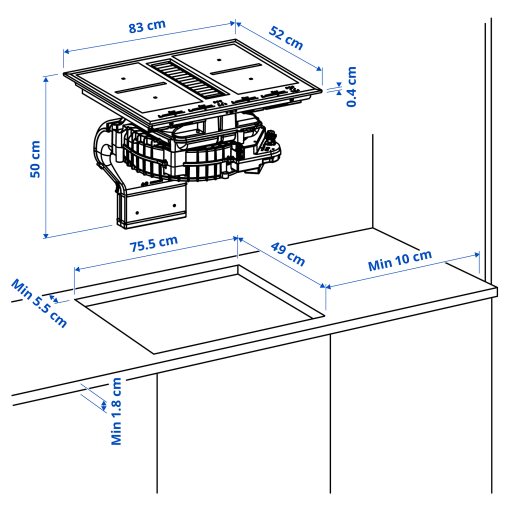 TÄCKNAN, индукц. котлон/вграден аспиратор, 83 см, IKEA 500, 806.072.88