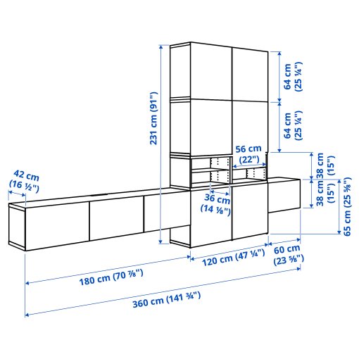 BESTÅ, комбинация за съхранение, аудио/видео, 360x42x231 см, 896.120.92